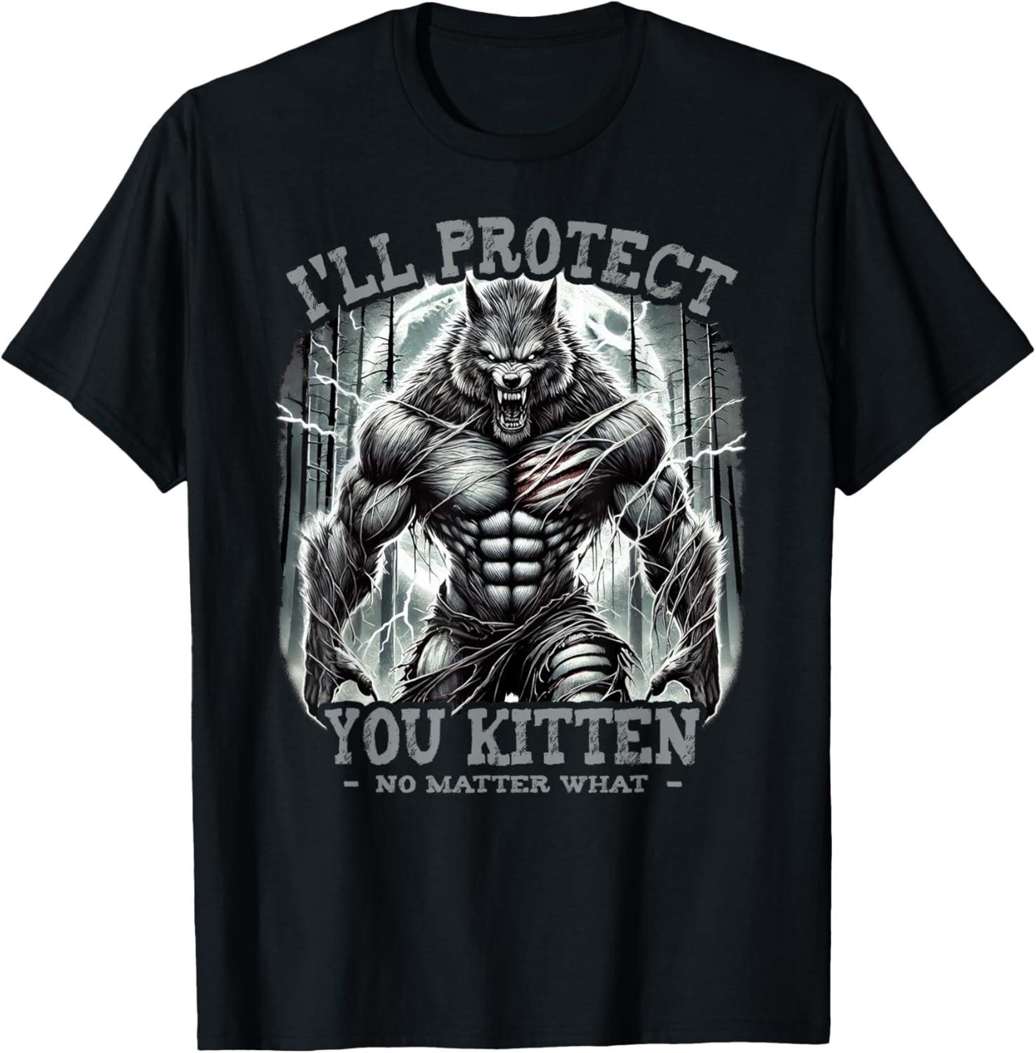 Funny Graphic Tee Ill Protect You Kitten Alpha Wolf T-Shirt Clothes Crewneck Cotton Fabric Top Classic Tshirt Fit Streetwear Shortsleeve Round Neck