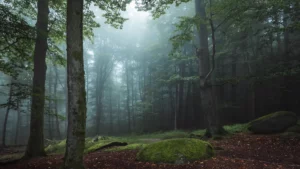 Misty beech forest with moss-covered boulders and fallen leaves, the kind of enchanted wood that frames books like a court of thorns and roses