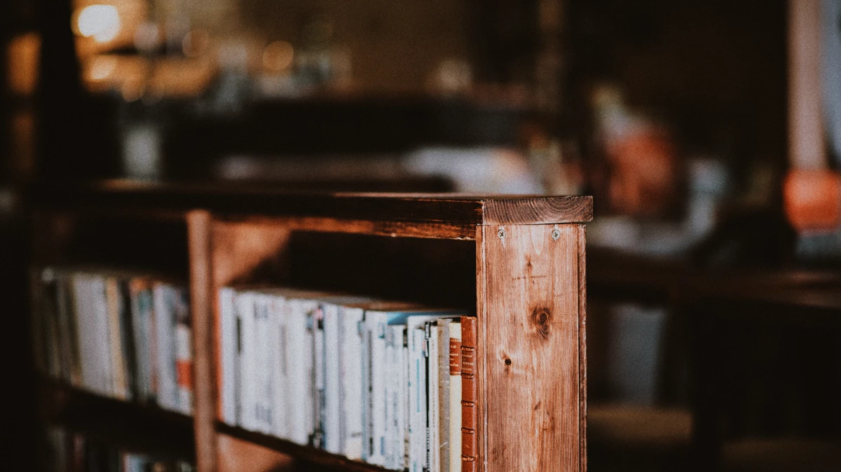 Rustic wooden bookshelf packed with paperback novels in a softly lit room